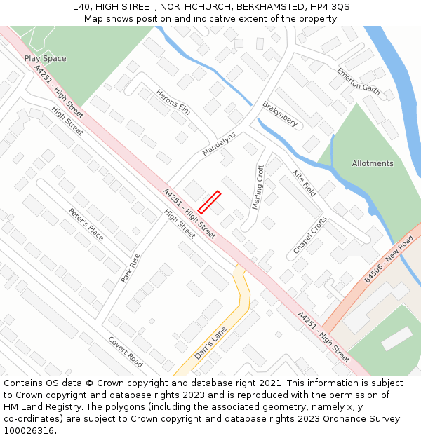 140, HIGH STREET, NORTHCHURCH, BERKHAMSTED, HP4 3QS: Location map and indicative extent of plot