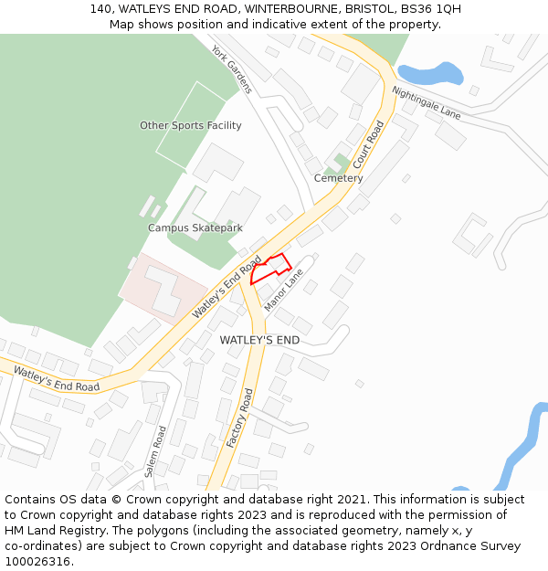 140, WATLEYS END ROAD, WINTERBOURNE, BRISTOL, BS36 1QH: Location map and indicative extent of plot