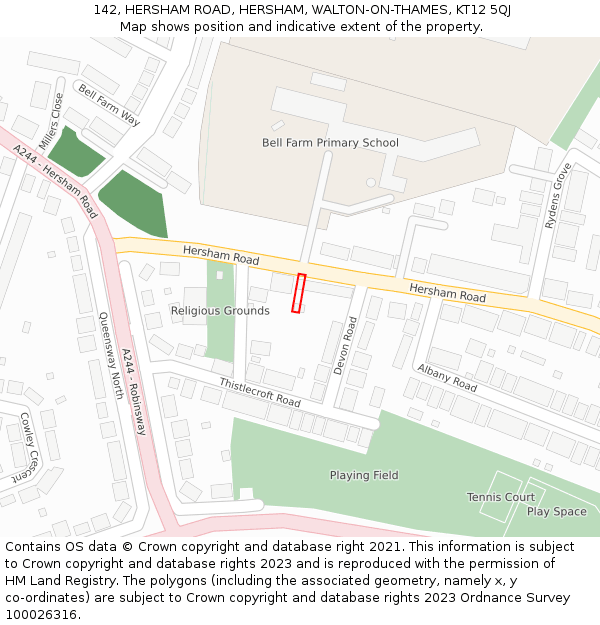 142, HERSHAM ROAD, HERSHAM, WALTON-ON-THAMES, KT12 5QJ: Location map and indicative extent of plot