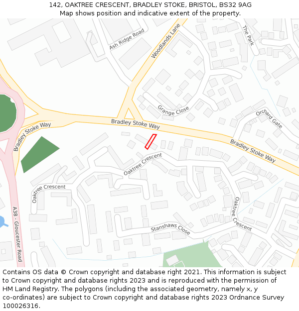 142, OAKTREE CRESCENT, BRADLEY STOKE, BRISTOL, BS32 9AG: Location map and indicative extent of plot