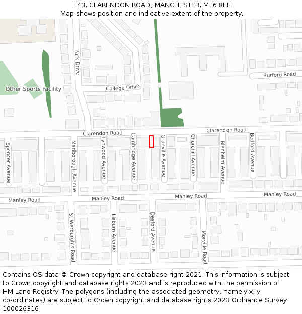 143, CLARENDON ROAD, MANCHESTER, M16 8LE: Location map and indicative extent of plot