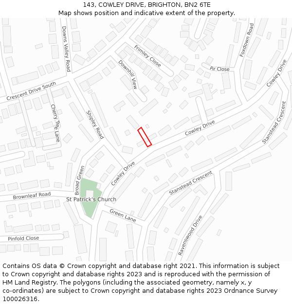 143, COWLEY DRIVE, BRIGHTON, BN2 6TE: Location map and indicative extent of plot