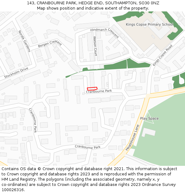 143, CRANBOURNE PARK, HEDGE END, SOUTHAMPTON, SO30 0NZ: Location map and indicative extent of plot