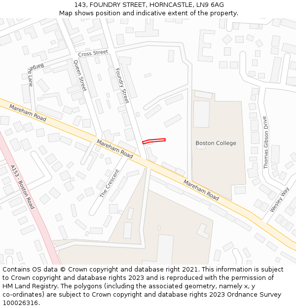 143, FOUNDRY STREET, HORNCASTLE, LN9 6AG: Location map and indicative extent of plot