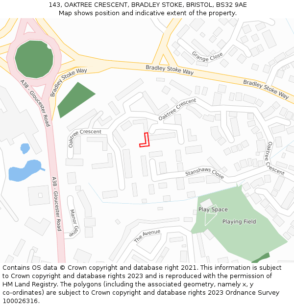 143, OAKTREE CRESCENT, BRADLEY STOKE, BRISTOL, BS32 9AE: Location map and indicative extent of plot