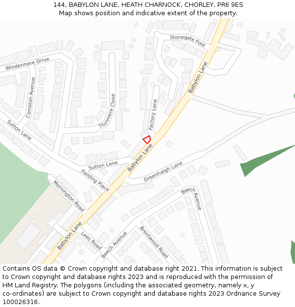 144, BABYLON LANE, HEATH CHARNOCK, CHORLEY, PR6 9ES: Location map and indicative extent of plot