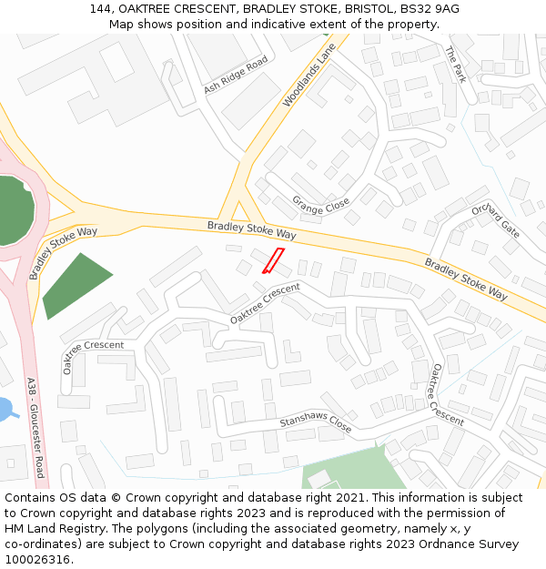 144, OAKTREE CRESCENT, BRADLEY STOKE, BRISTOL, BS32 9AG: Location map and indicative extent of plot
