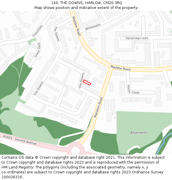 144, THE DOWNS, HARLOW, CM20 3RQ: Location map and indicative extent of plot