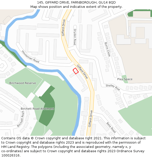 145, GIFFARD DRIVE, FARNBOROUGH, GU14 8QD: Location map and indicative extent of plot