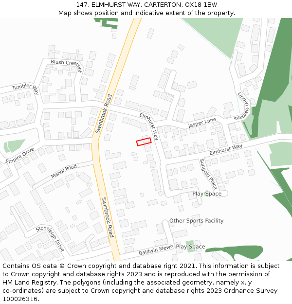 147, ELMHURST WAY, CARTERTON, OX18 1BW: Location map and indicative extent of plot