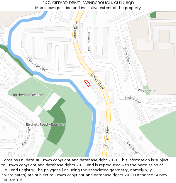 147, GIFFARD DRIVE, FARNBOROUGH, GU14 8QD: Location map and indicative extent of plot