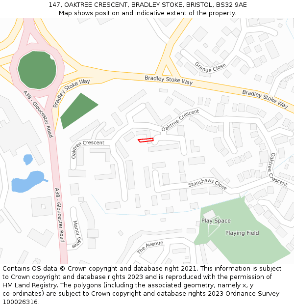 147, OAKTREE CRESCENT, BRADLEY STOKE, BRISTOL, BS32 9AE: Location map and indicative extent of plot