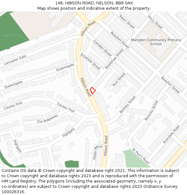 148, HIBSON ROAD, NELSON, BB9 0AX: Location map and indicative extent of plot