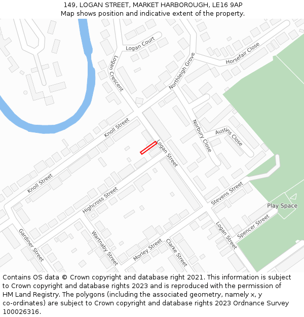 149, LOGAN STREET, MARKET HARBOROUGH, LE16 9AP: Location map and indicative extent of plot