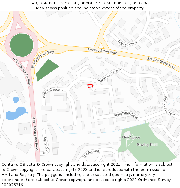 149, OAKTREE CRESCENT, BRADLEY STOKE, BRISTOL, BS32 9AE: Location map and indicative extent of plot