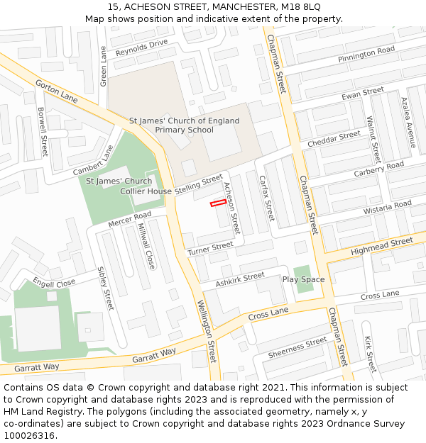 15, ACHESON STREET, MANCHESTER, M18 8LQ: Location map and indicative extent of plot