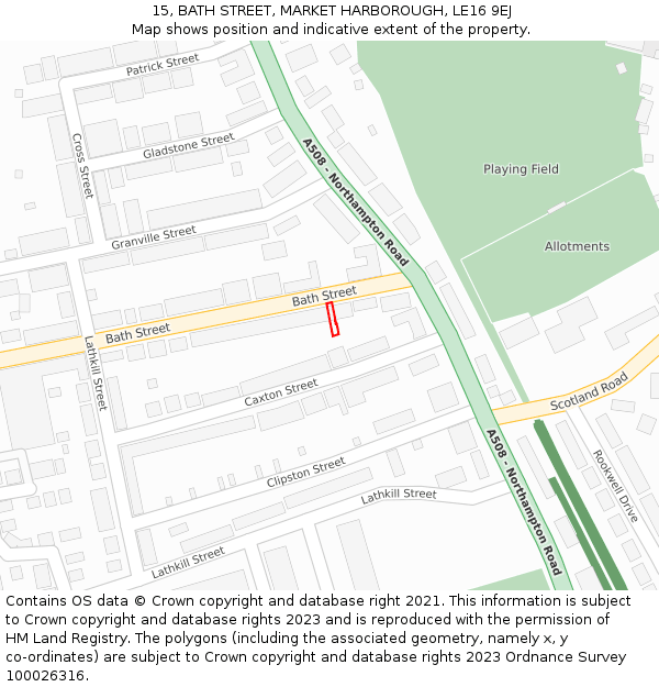 15, BATH STREET, MARKET HARBOROUGH, LE16 9EJ: Location map and indicative extent of plot