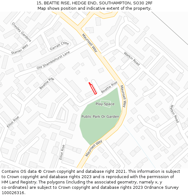15, BEATTIE RISE, HEDGE END, SOUTHAMPTON, SO30 2RF: Location map and indicative extent of plot
