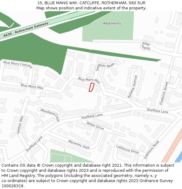 15, BLUE MANS WAY, CATCLIFFE, ROTHERHAM, S60 5UR: Location map and indicative extent of plot