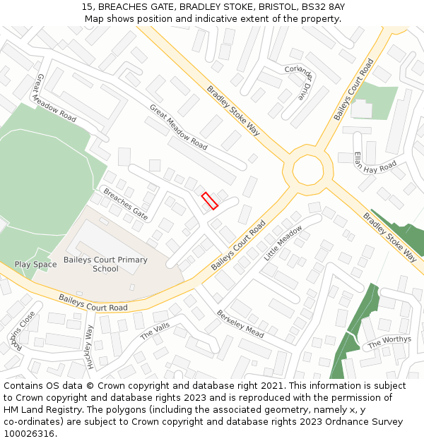 15, BREACHES GATE, BRADLEY STOKE, BRISTOL, BS32 8AY: Location map and indicative extent of plot