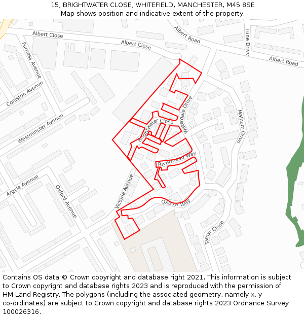 15, BRIGHTWATER CLOSE, WHITEFIELD, MANCHESTER, M45 8SE: Location map and indicative extent of plot