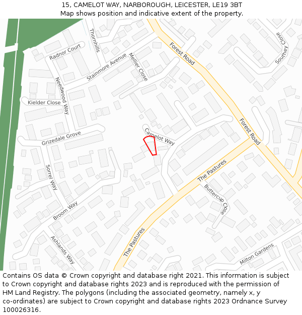 15, CAMELOT WAY, NARBOROUGH, LEICESTER, LE19 3BT: Location map and indicative extent of plot