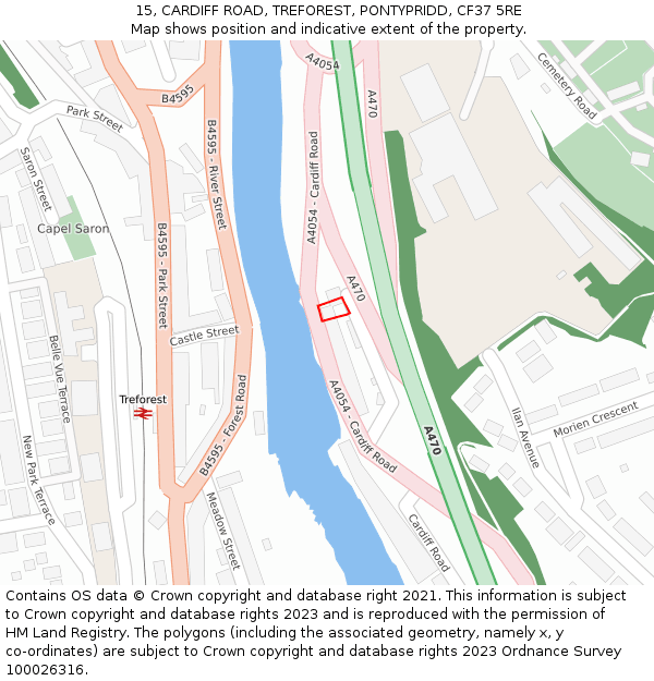 15, CARDIFF ROAD, TREFOREST, PONTYPRIDD, CF37 5RE: Location map and indicative extent of plot