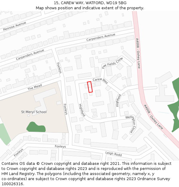 15, CAREW WAY, WATFORD, WD19 5BG: Location map and indicative extent of plot