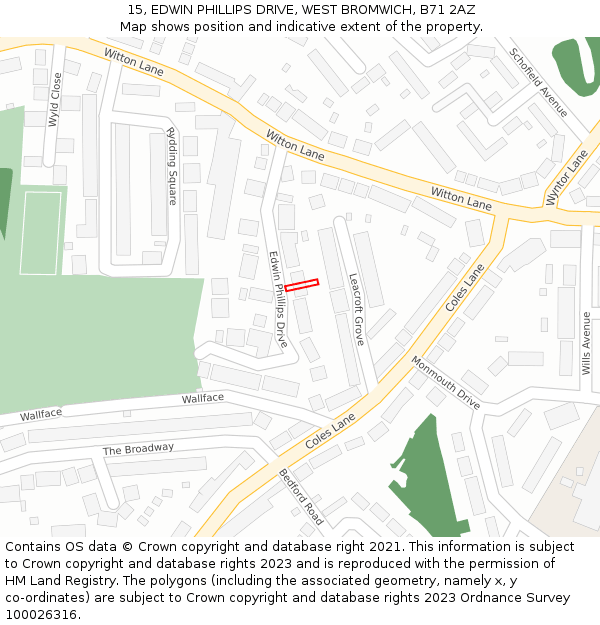15, EDWIN PHILLIPS DRIVE, WEST BROMWICH, B71 2AZ: Location map and indicative extent of plot