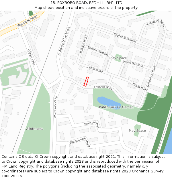 15, FOXBORO ROAD, REDHILL, RH1 1TD: Location map and indicative extent of plot