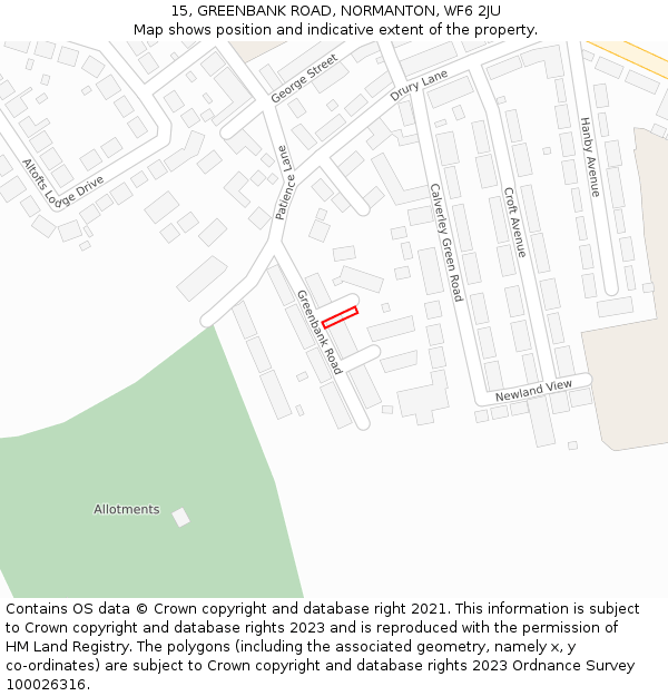 15, GREENBANK ROAD, NORMANTON, WF6 2JU: Location map and indicative extent of plot