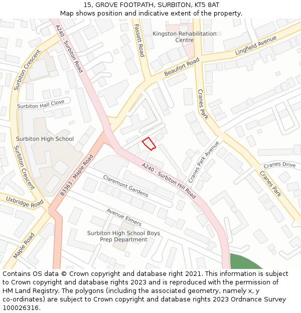 15, GROVE FOOTPATH, SURBITON, KT5 8AT: Location map and indicative extent of plot