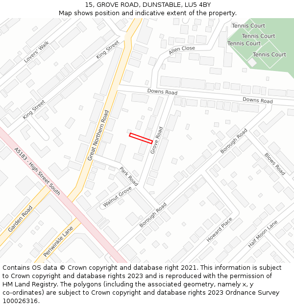 15, GROVE ROAD, DUNSTABLE, LU5 4BY: Location map and indicative extent of plot
