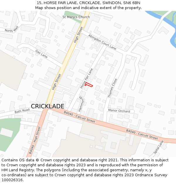 15, HORSE FAIR LANE, CRICKLADE, SWINDON, SN6 6BN: Location map and indicative extent of plot