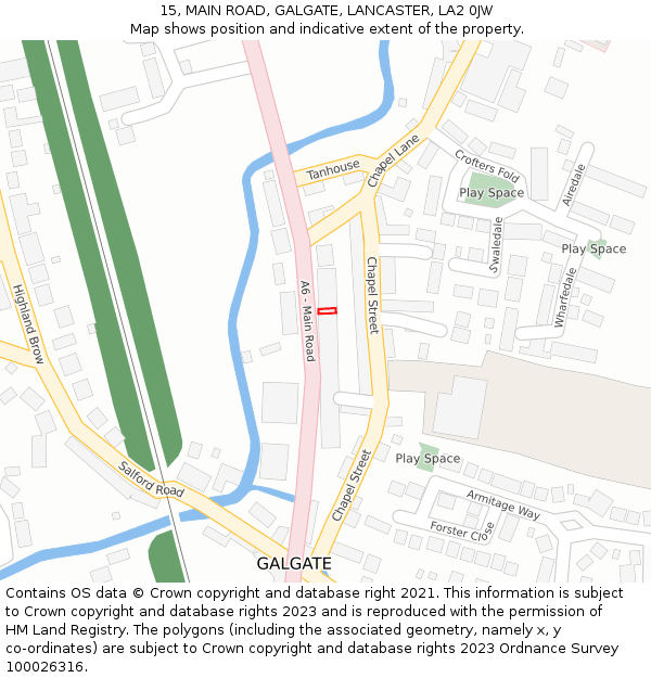 15, MAIN ROAD, GALGATE, LANCASTER, LA2 0JW: Location map and indicative extent of plot