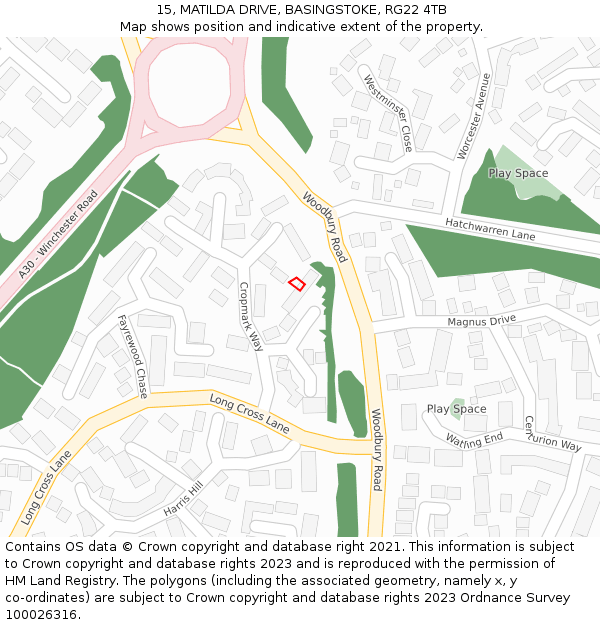15, MATILDA DRIVE, BASINGSTOKE, RG22 4TB: Location map and indicative extent of plot