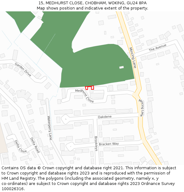 15, MEDHURST CLOSE, CHOBHAM, WOKING, GU24 8PA: Location map and indicative extent of plot