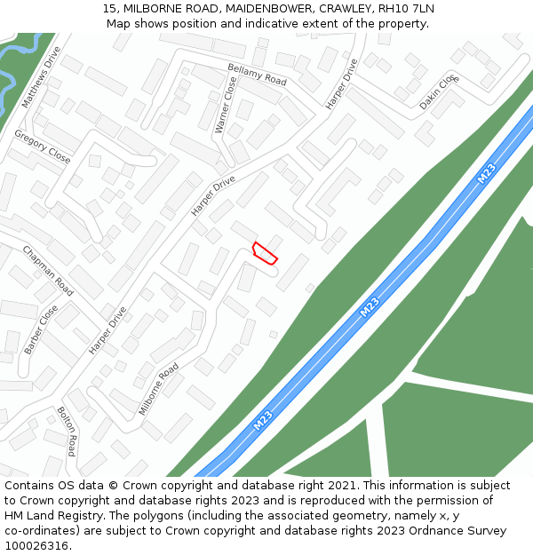 15, MILBORNE ROAD, MAIDENBOWER, CRAWLEY, RH10 7LN: Location map and indicative extent of plot