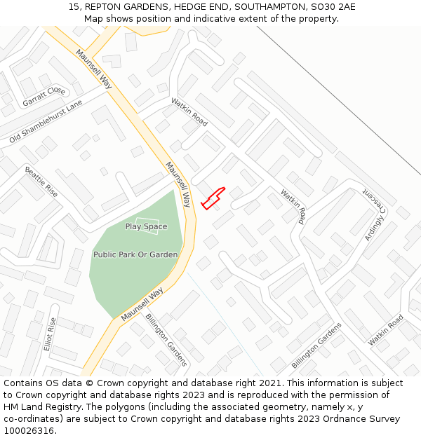 15, REPTON GARDENS, HEDGE END, SOUTHAMPTON, SO30 2AE: Location map and indicative extent of plot