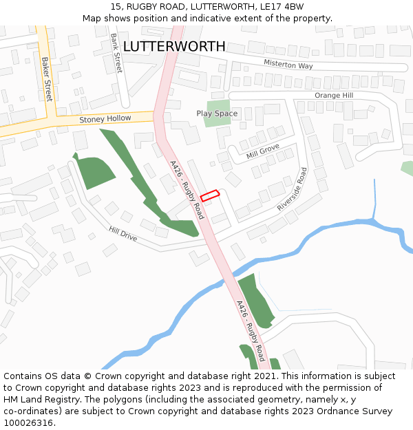 15, RUGBY ROAD, LUTTERWORTH, LE17 4BW: Location map and indicative extent of plot
