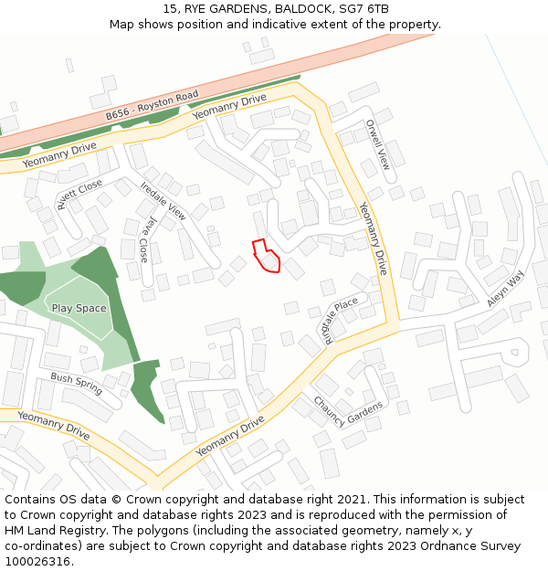 15, RYE GARDENS, BALDOCK, SG7 6TB: Location map and indicative extent of plot