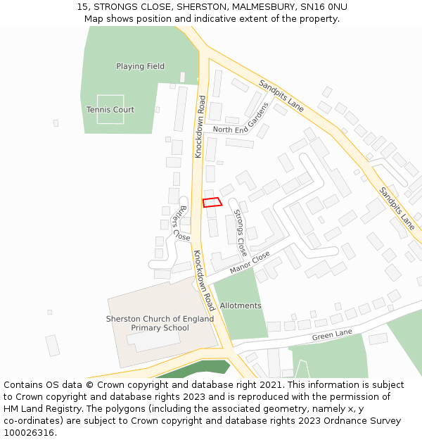 15, STRONGS CLOSE, SHERSTON, MALMESBURY, SN16 0NU: Location map and indicative extent of plot