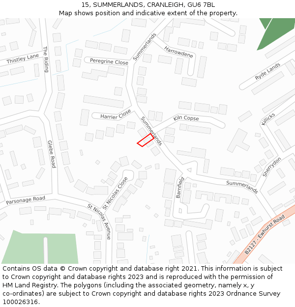 15, SUMMERLANDS, CRANLEIGH, GU6 7BL: Location map and indicative extent of plot