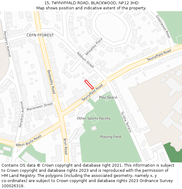 15, TWYNYFFALD ROAD, BLACKWOOD, NP12 3HD: Location map and indicative extent of plot