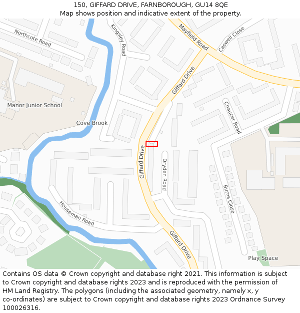 150, GIFFARD DRIVE, FARNBOROUGH, GU14 8QE: Location map and indicative extent of plot
