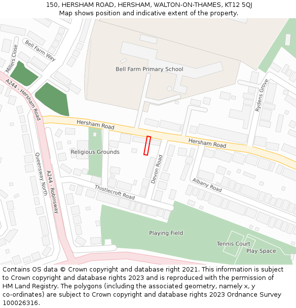 150, HERSHAM ROAD, HERSHAM, WALTON-ON-THAMES, KT12 5QJ: Location map and indicative extent of plot