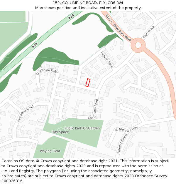 151, COLUMBINE ROAD, ELY, CB6 3WL: Location map and indicative extent of plot