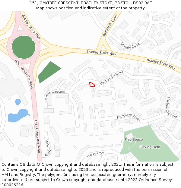 151, OAKTREE CRESCENT, BRADLEY STOKE, BRISTOL, BS32 9AE: Location map and indicative extent of plot