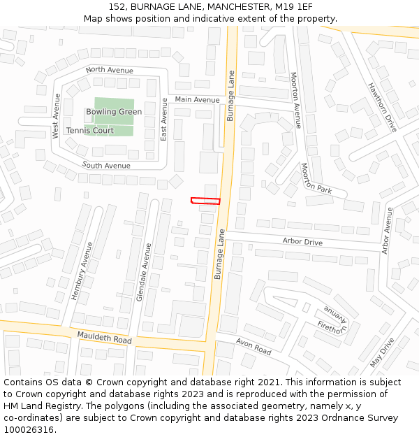 152, BURNAGE LANE, MANCHESTER, M19 1EF: Location map and indicative extent of plot