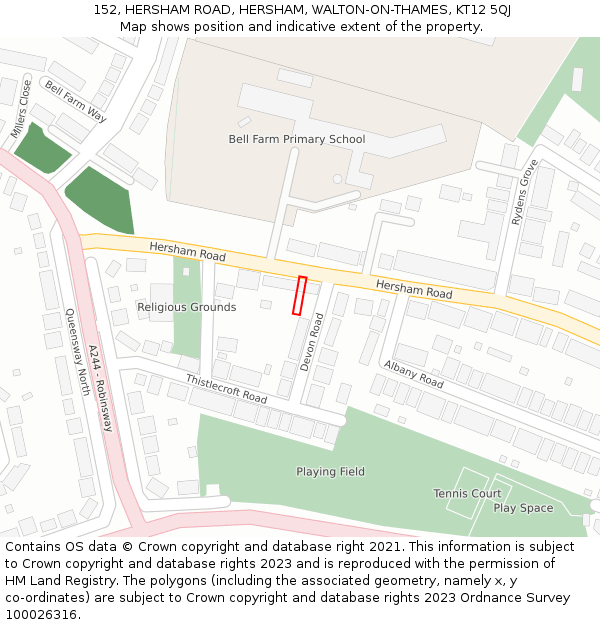 152, HERSHAM ROAD, HERSHAM, WALTON-ON-THAMES, KT12 5QJ: Location map and indicative extent of plot